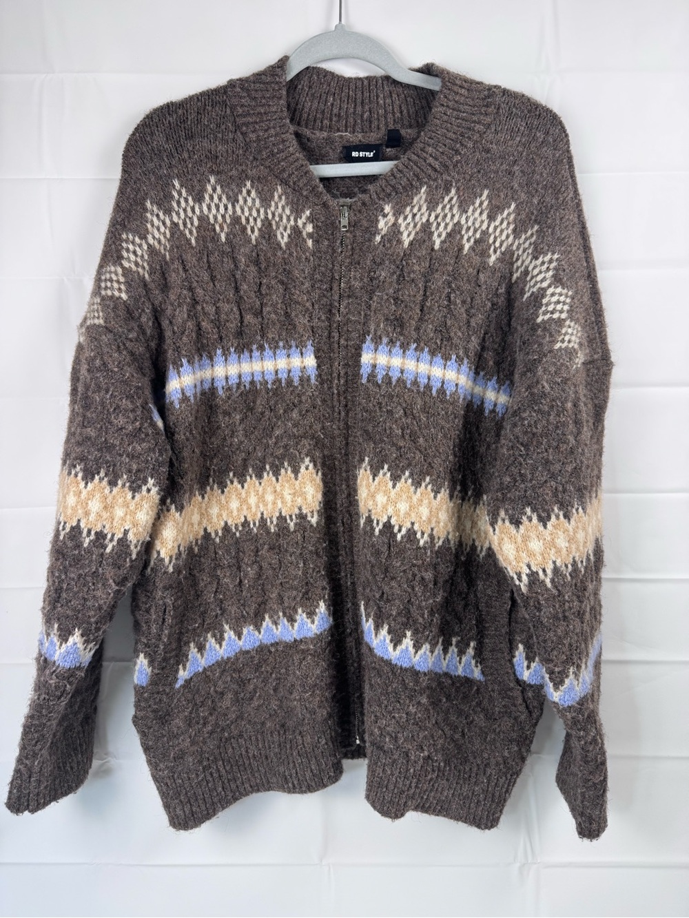 RD Style Large Fair Isle Cable Knit Zip Front Cardigan Sweater